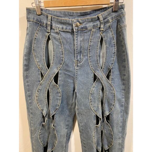 DEAT Hollow Cut Out Stretch Straight High Waist Wide Leg Denim Jeans Womens 8 - Picture 3 of 14